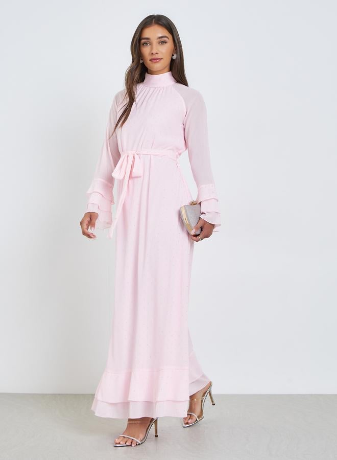 ستايلي فستان طويل بأكمام كشكش وردي - Image 2